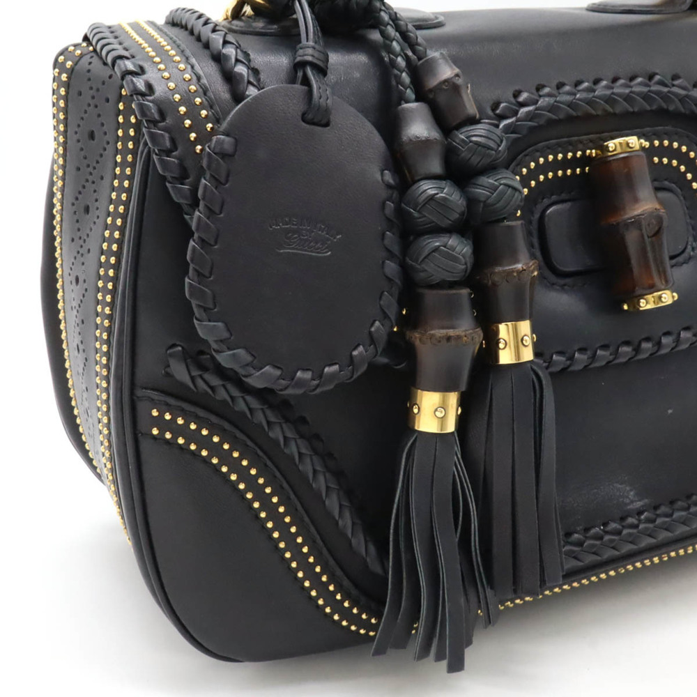 GUCCI New Bamboo Handbag Shoulder Bag Studs Tassel Leather Black 263959 - Picture 10 of 10